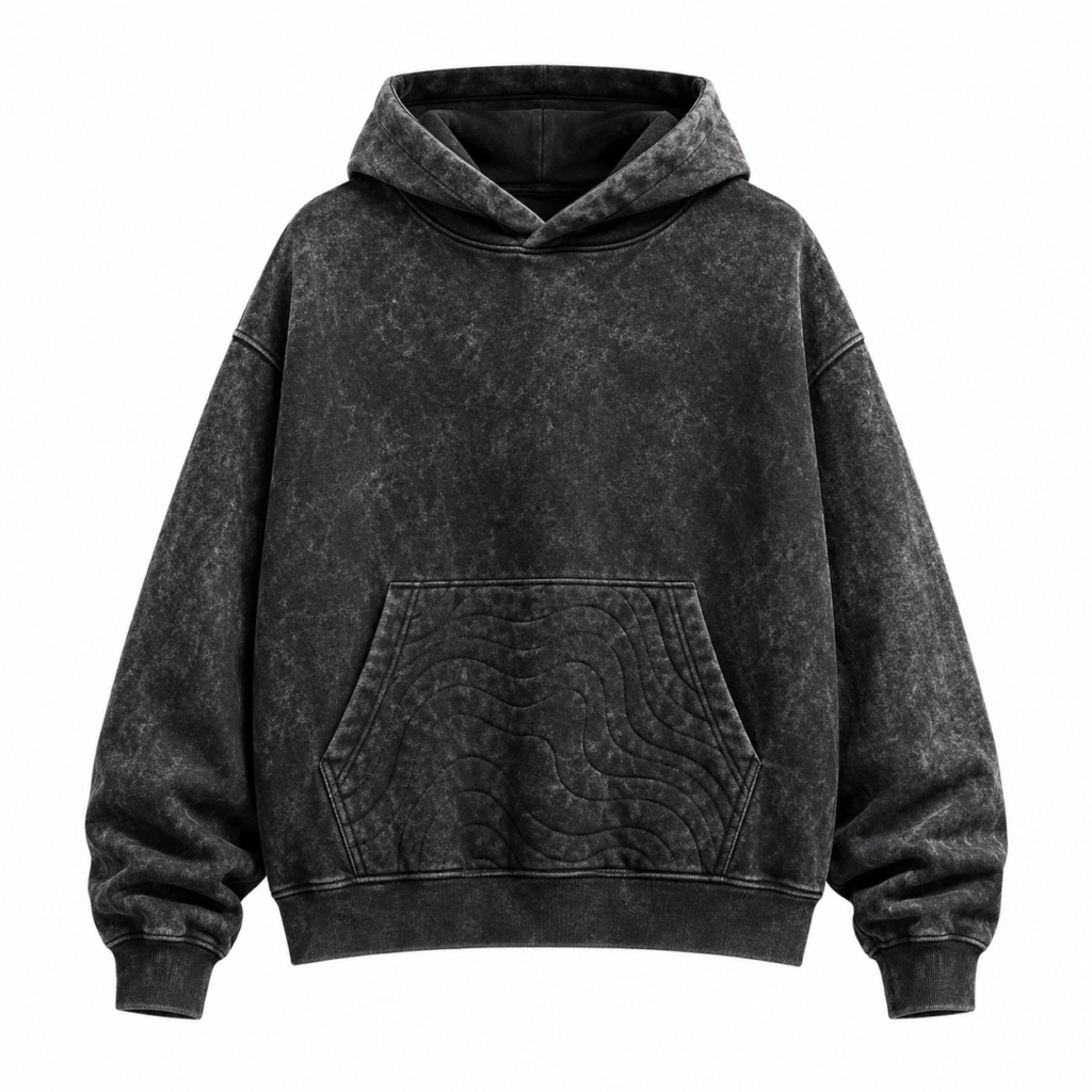 Custom Black Acid Wash Oversized Hoodie With Wave Pocket