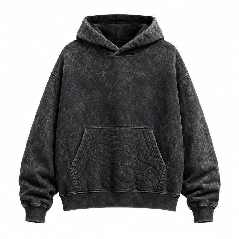 Custom Black Acid Wash Oversized Hoodie With Wave Pocket
