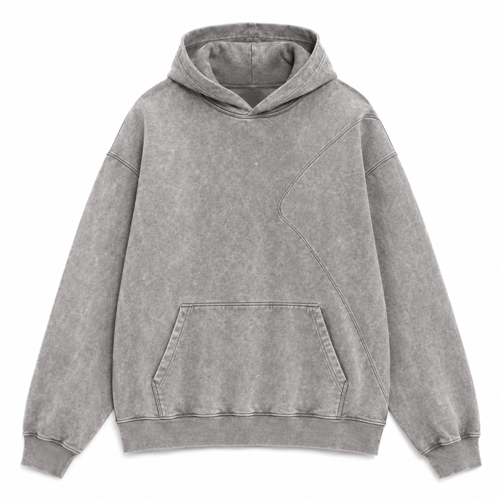 Custom Grey Acid Wash Hoodie With Curved Stitching
