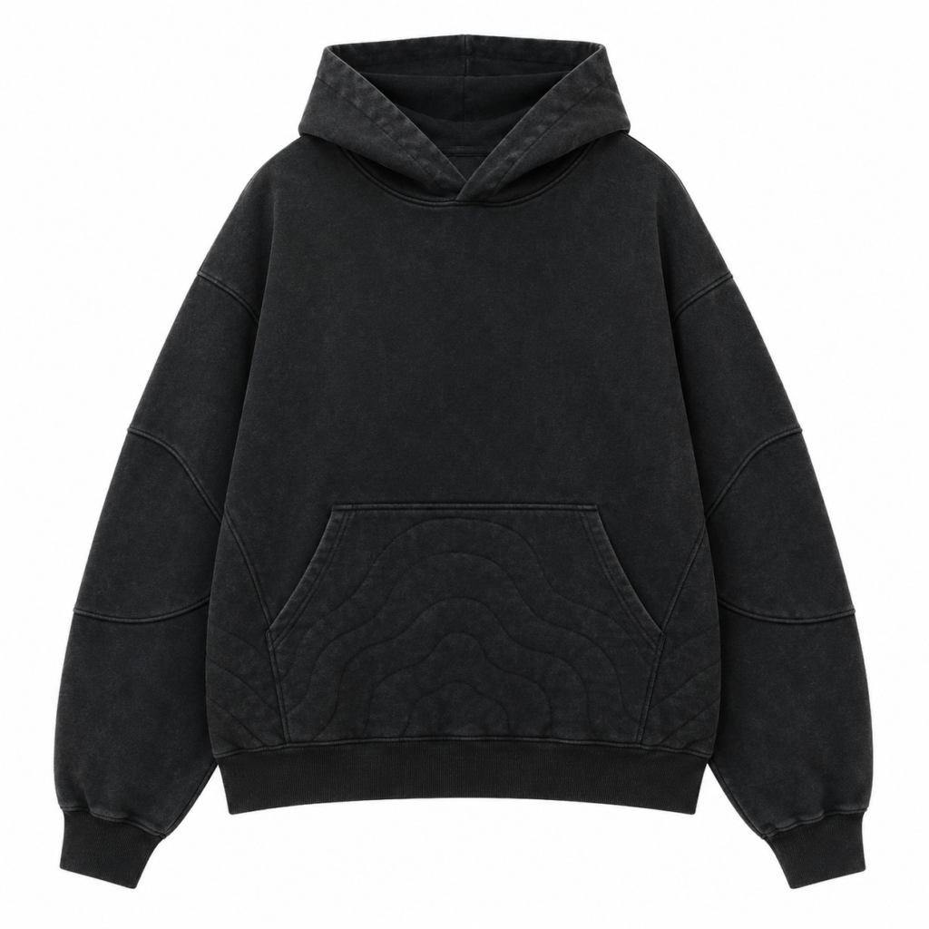 Custom Black Acid Wash Quilted Pocket Hoodie Design