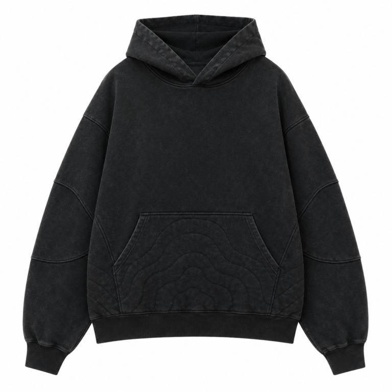 Custom Black Acid Wash Quilted Pocket Hoodie Design
