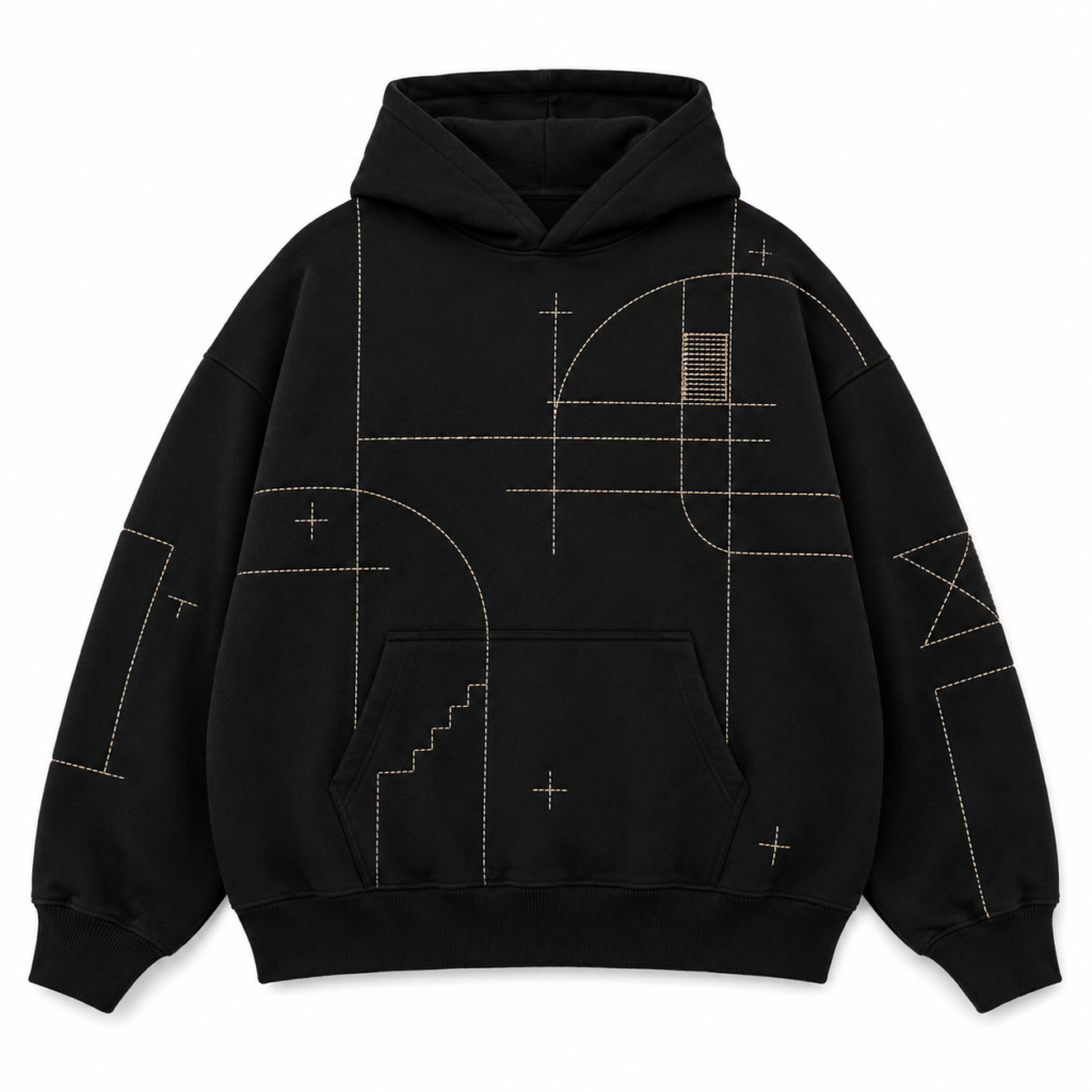Custom Black Geometric Stitch Embroidery Hoodie