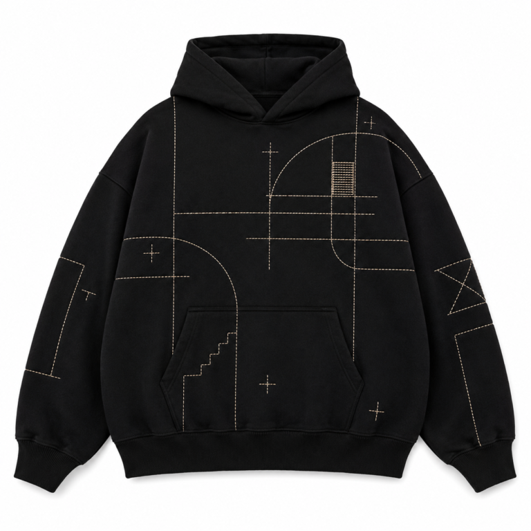 Custom Black Geometric Stitch Embroidery Hoodie