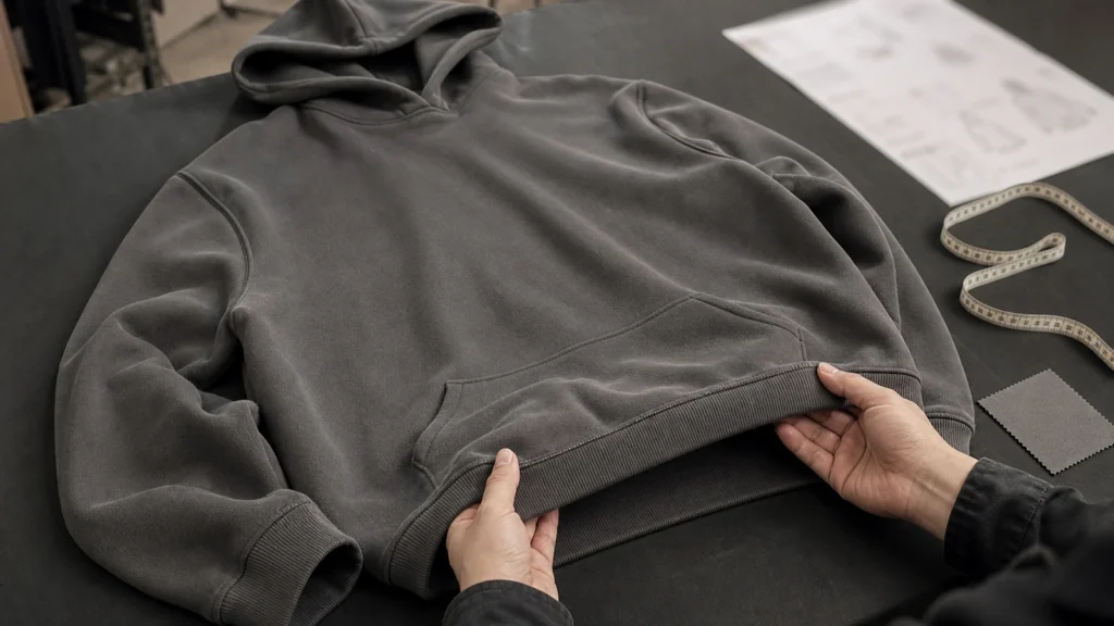Unbranded custom hoodie prepared for manufacturer evaluation