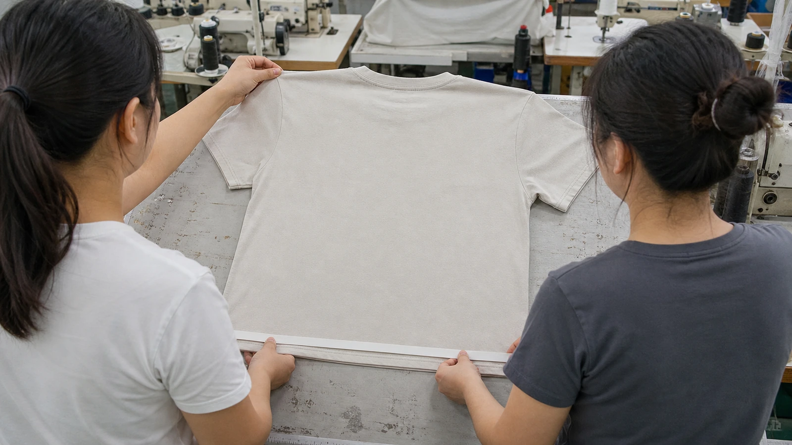 How to Choose Fabric Weight for Custom T-Shirts Chinese apparel factory staff inspecting an unbranded T-shirt sample