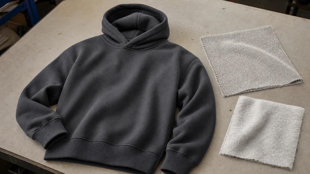 Fleece hoodie and fabric swatches prepared for custom manufacturing