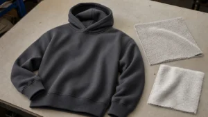 Fleece hoodie and fabric swatches prepared for custom manufacturing