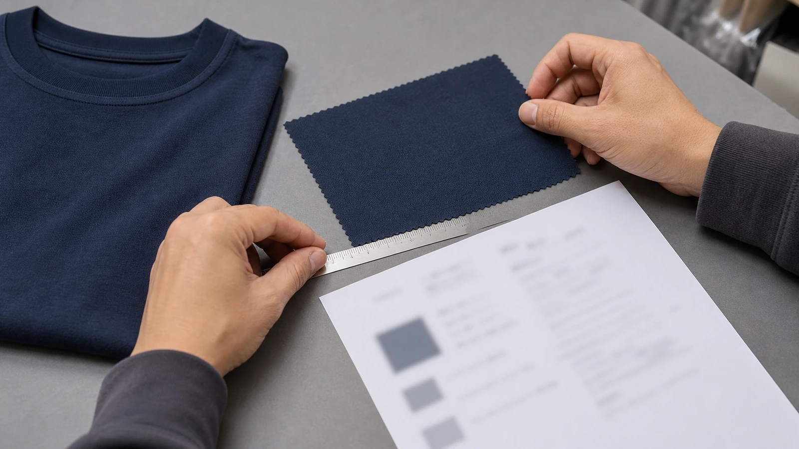 How to Choose Fabric Weight for Custom T-Shirts Product developer reviewing a T-shirt fabric swatch and measurement sheet