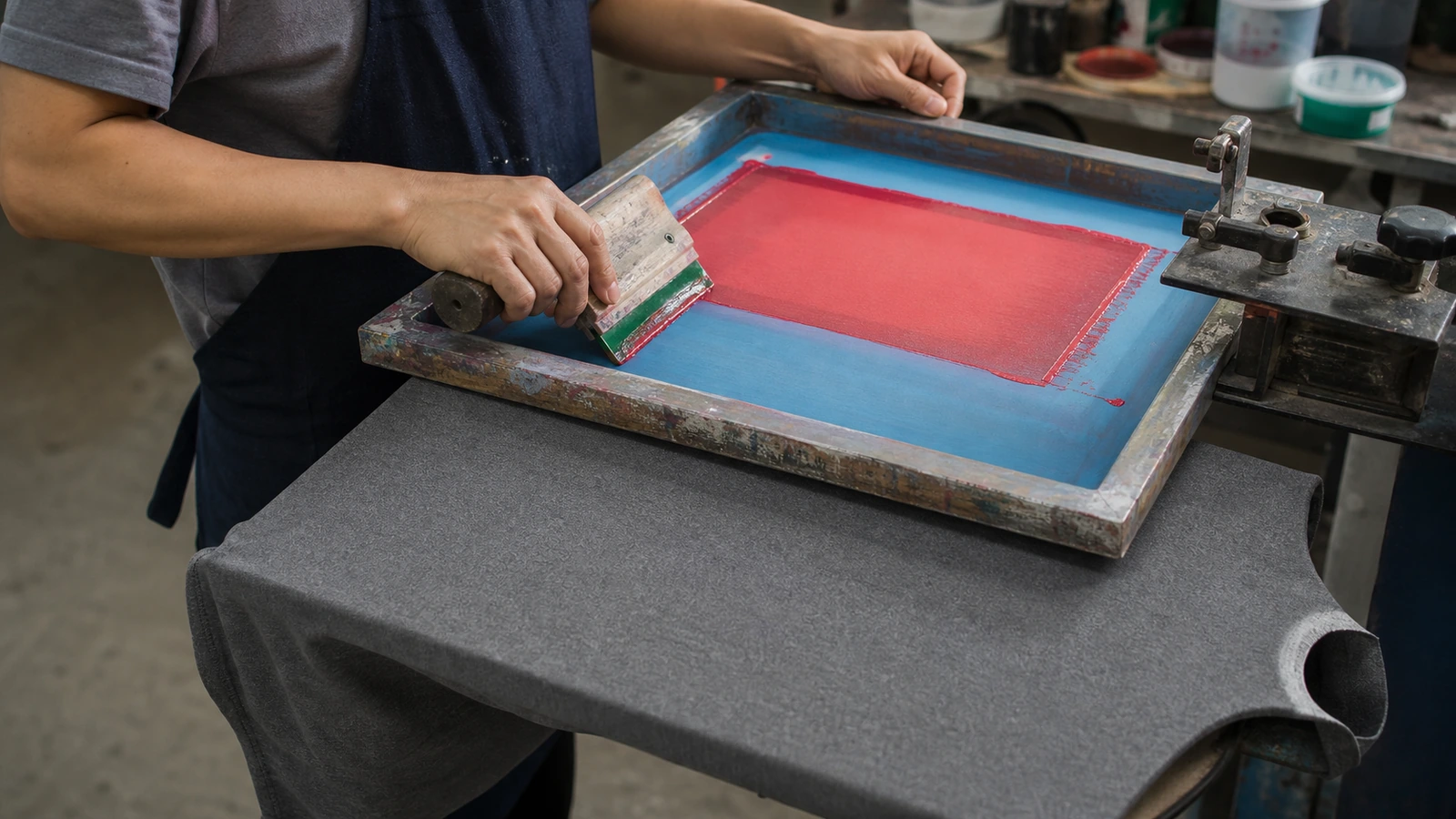 How to Choose Fabric Weight for Custom T-Shirts Apparel worker screen printing a single unbranded T-shirt panel