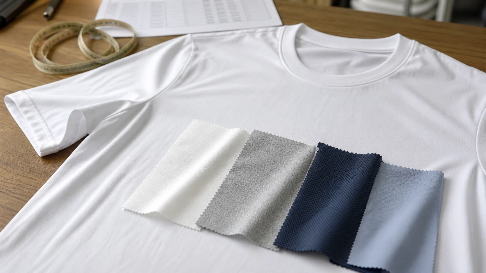 What Is the Best Fabric for T-Shirts? T-shirt fabric selection with cotton jersey and blended fabric samples