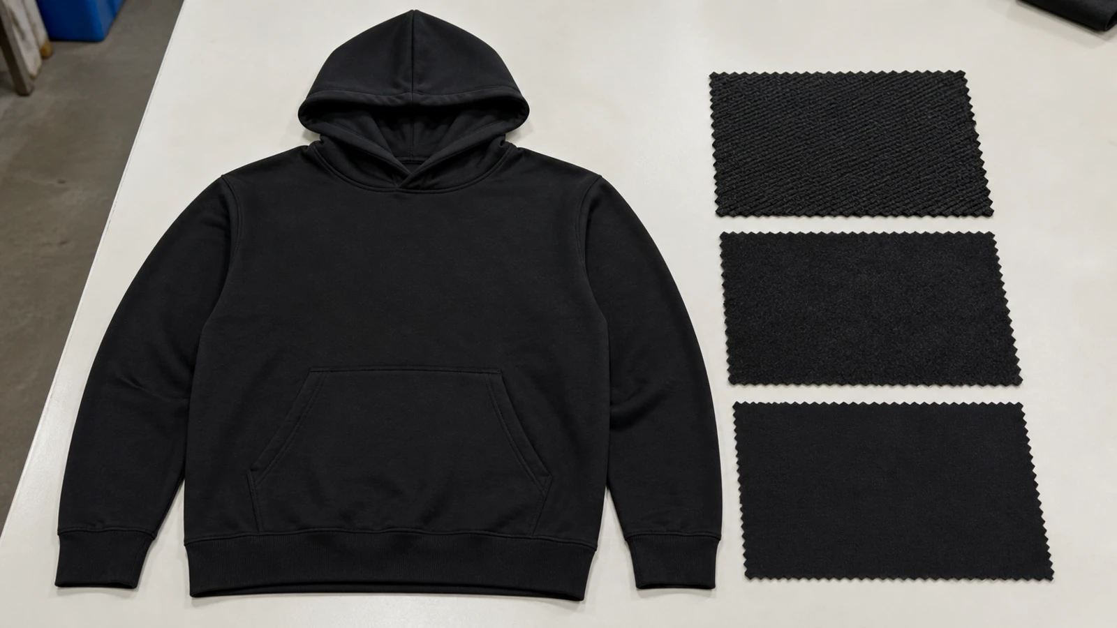 Unbranded hoodie beside several knit fabric swatches for development review