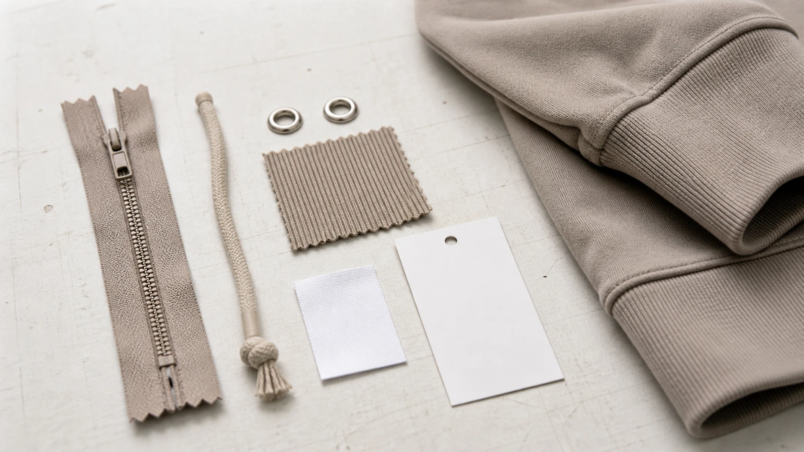 Unbranded hoodie labels zipper drawcord and rib samples for review