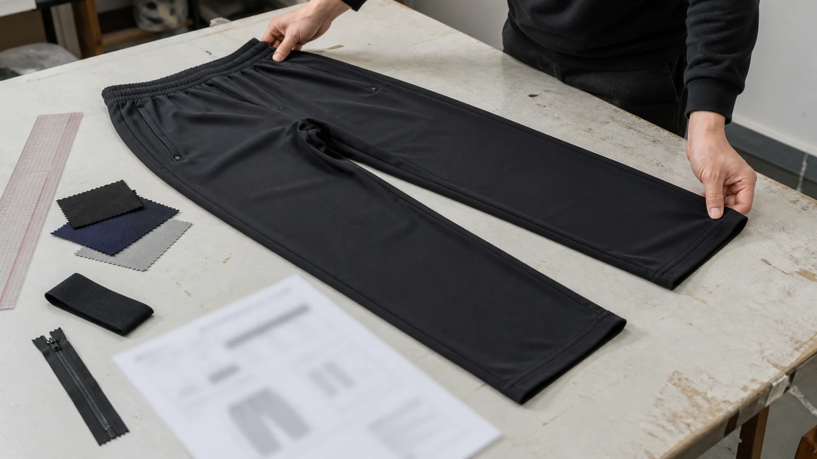 Custom track pants sample development with fabric fit and construction review