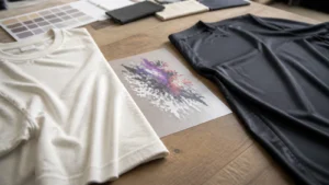 Cotton and polyester garment samples beside a DTF transfer on a development table