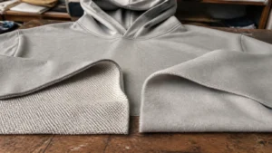 French Terry loopback and brushed fleece swatches beside an unbranded hoodie
