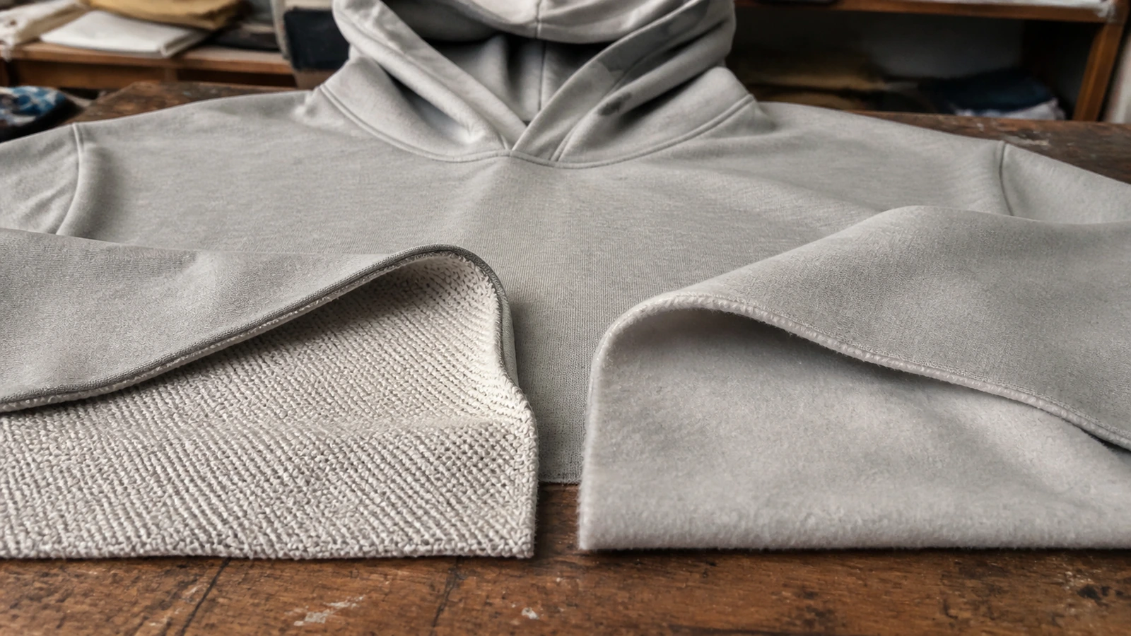 What Is the Difference Between Fleece and French Terry Hoodies? French Terry loopback and brushed fleece swatches beside an unbranded hoodie
