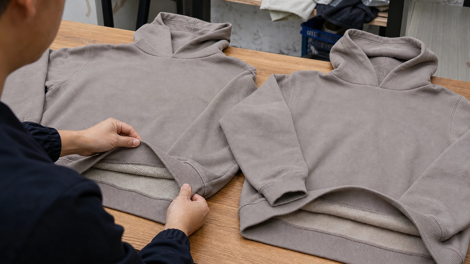 What Is the Difference Between Fleece and French Terry Hoodies? Chinese apparel developer comparing French Terry and brushed fleece hoodie samples