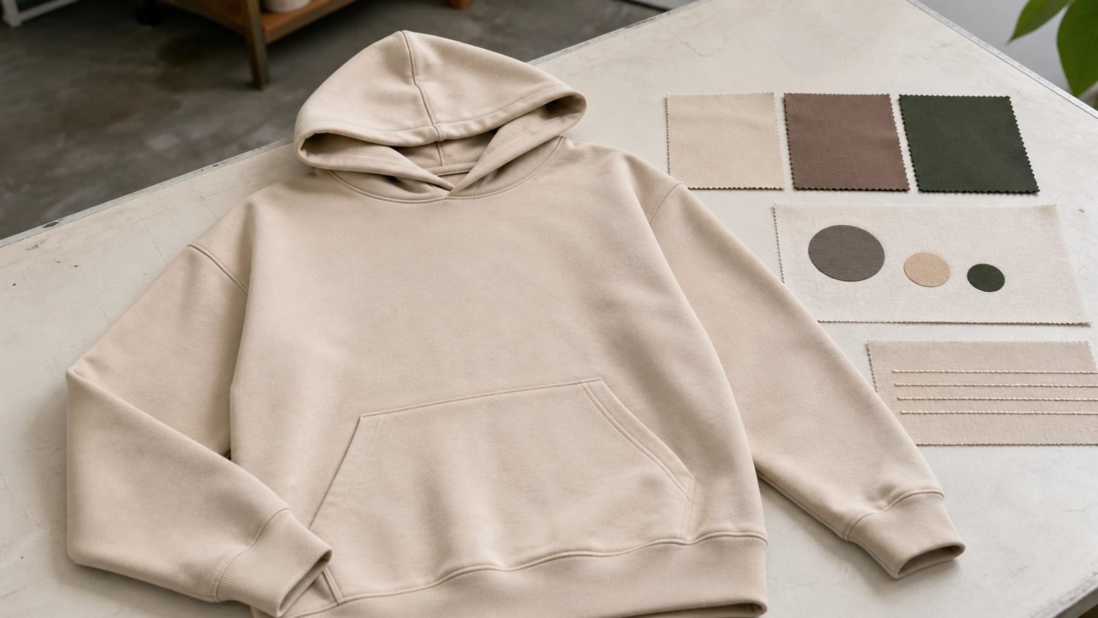 Hoodie sample with color and decoration swatches under review