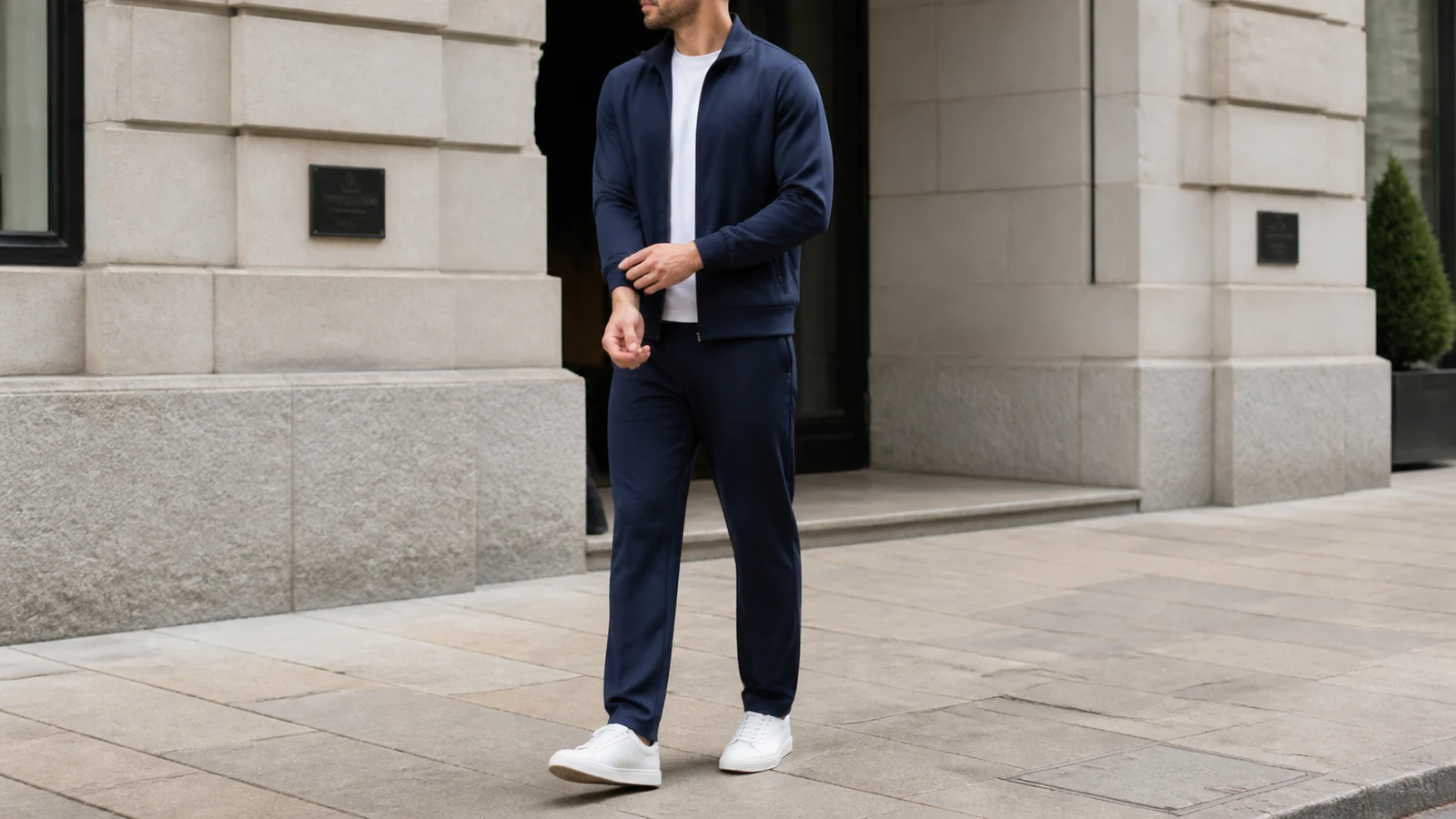 Men's matching track pants and jacket styled as a casual everyday outfit