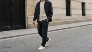 Modern men's track pants outfit styled with a T-shirt jacket and sneakers