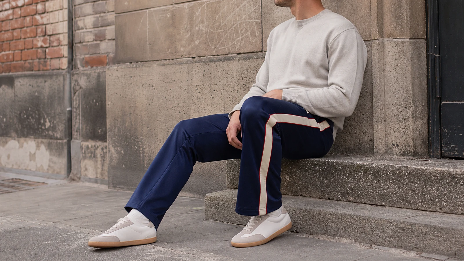 Retro inspired men's track pants styled with simple neutral clothing