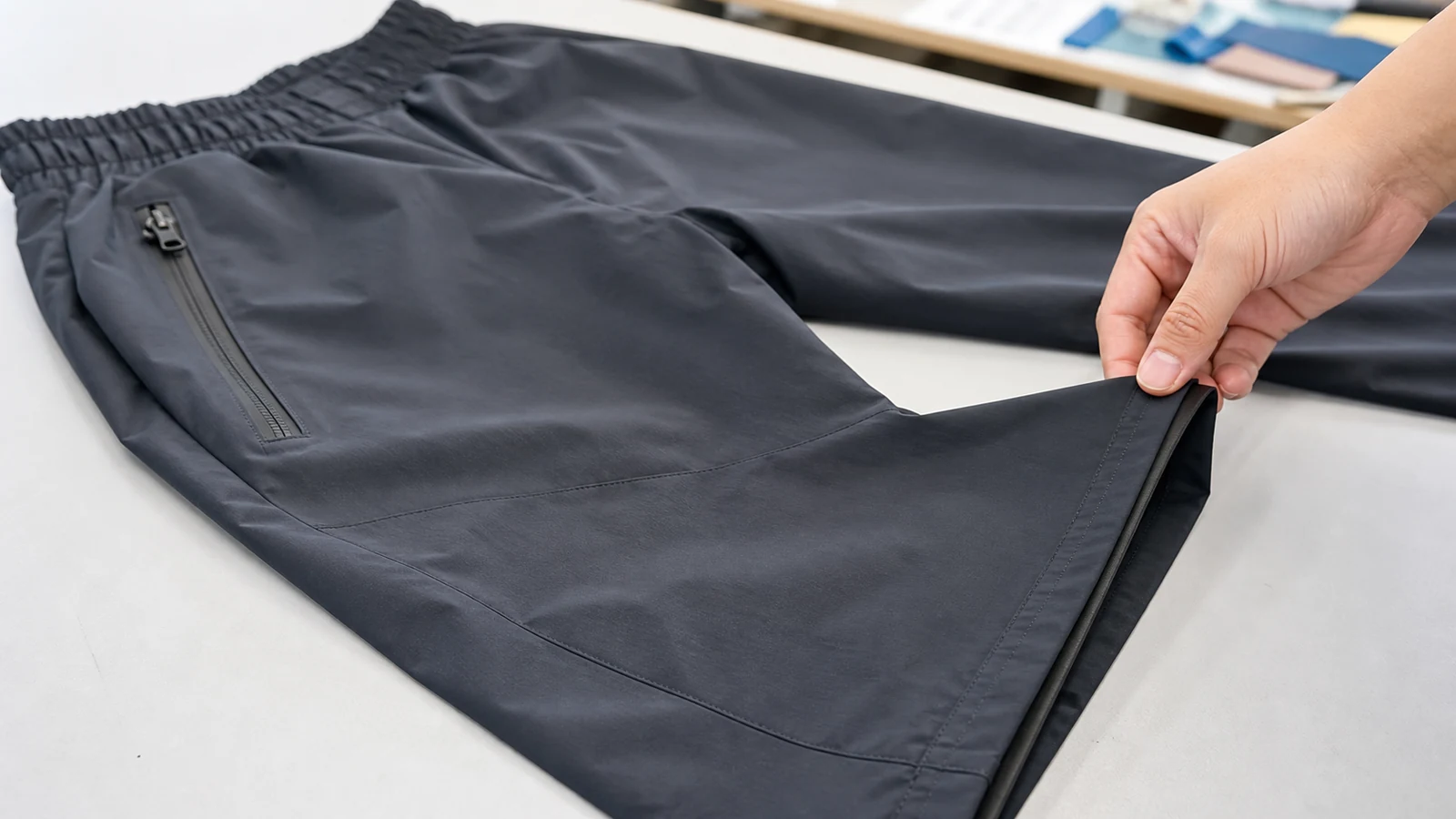 Technical track pants showing woven fabric zip pocket and garment construction
