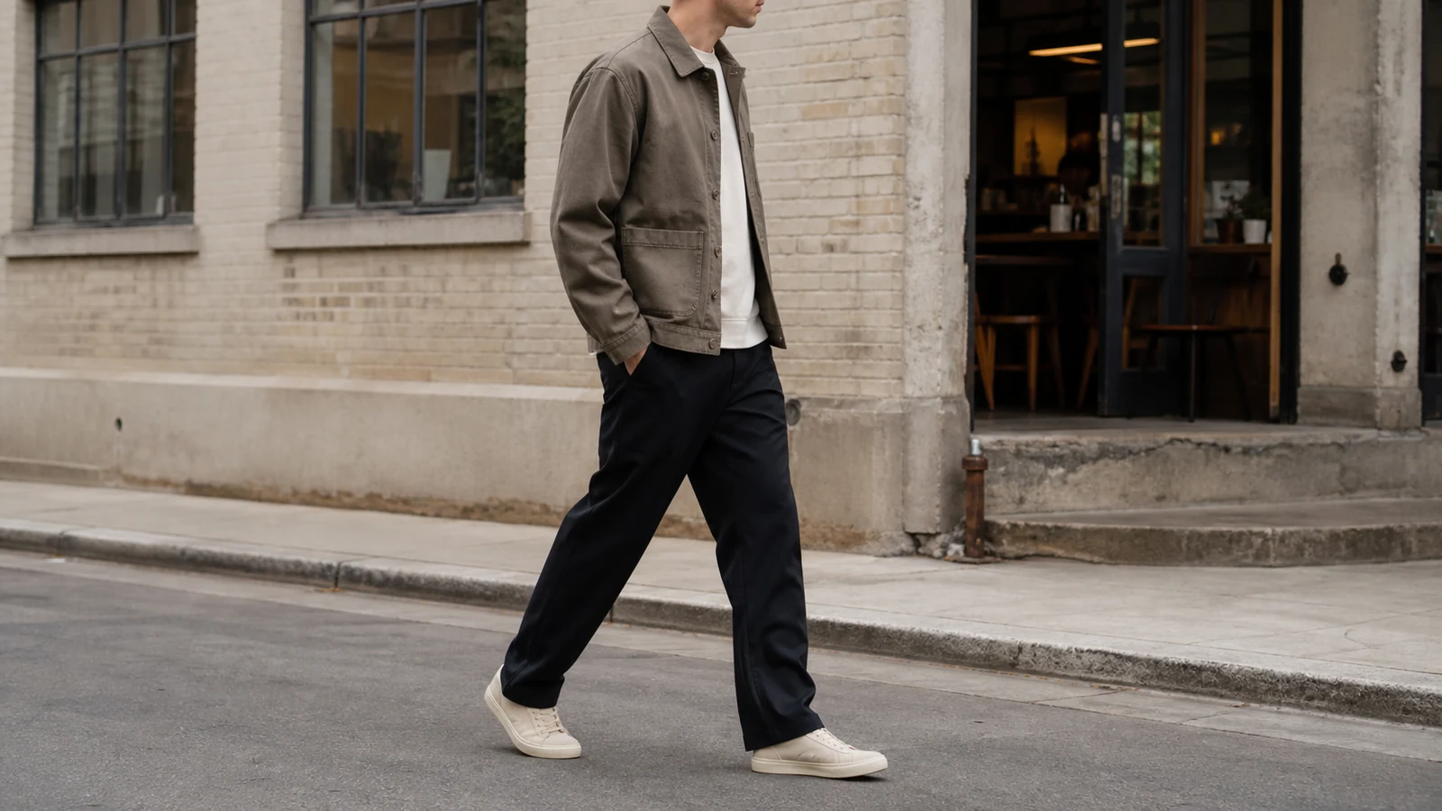 Men's track pants styled with a structured chore jacket and casual sneakers