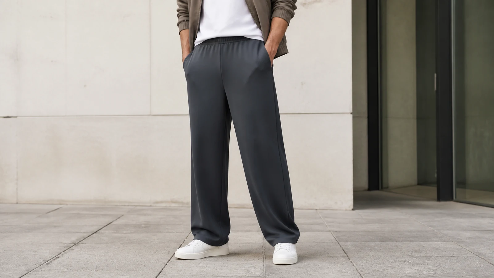 Wide-leg men's track pants balanced with a controlled top and casual footwear