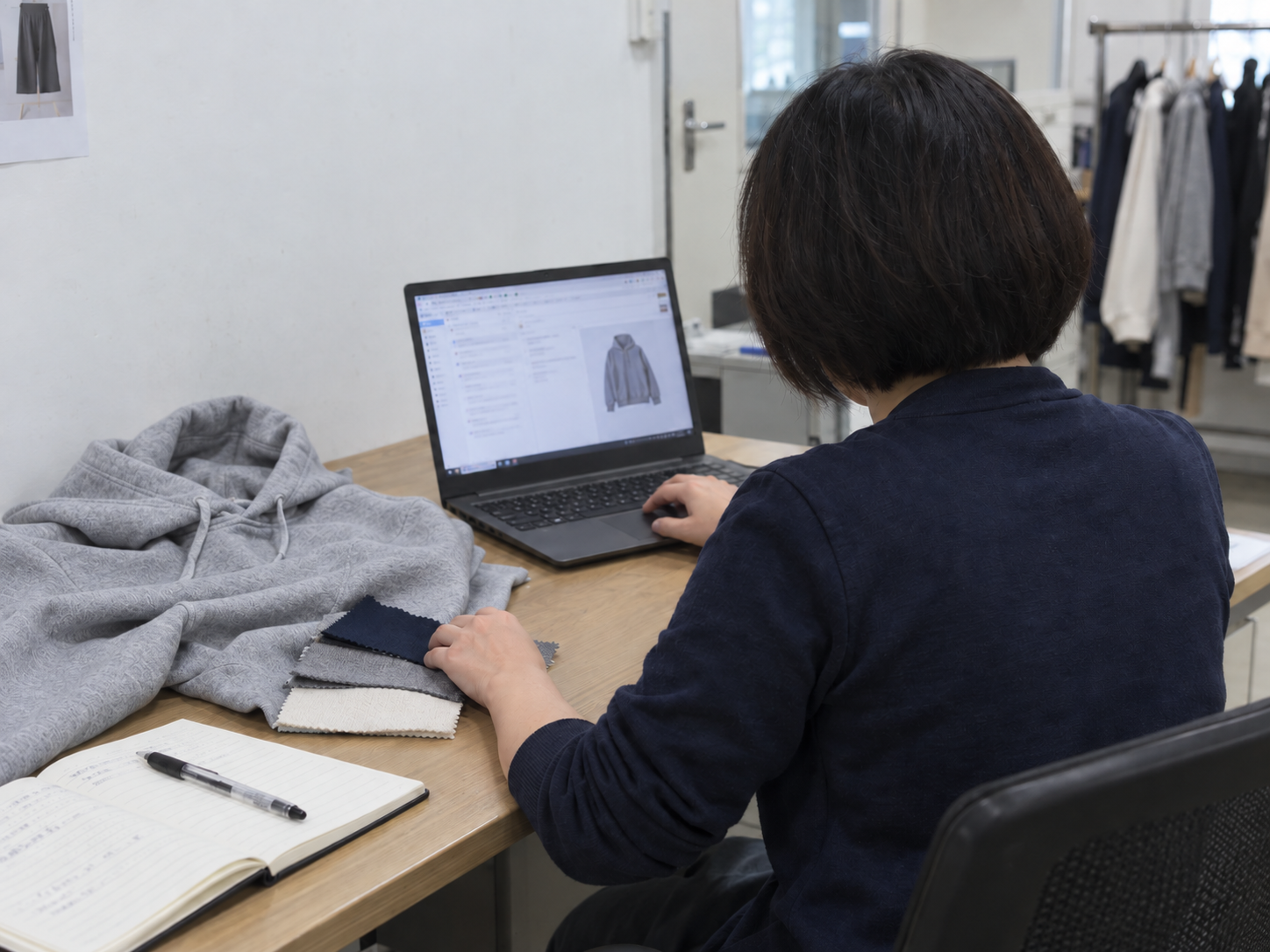 Customer submitting a clothing inquiry with product reference images and Tech Pack documents