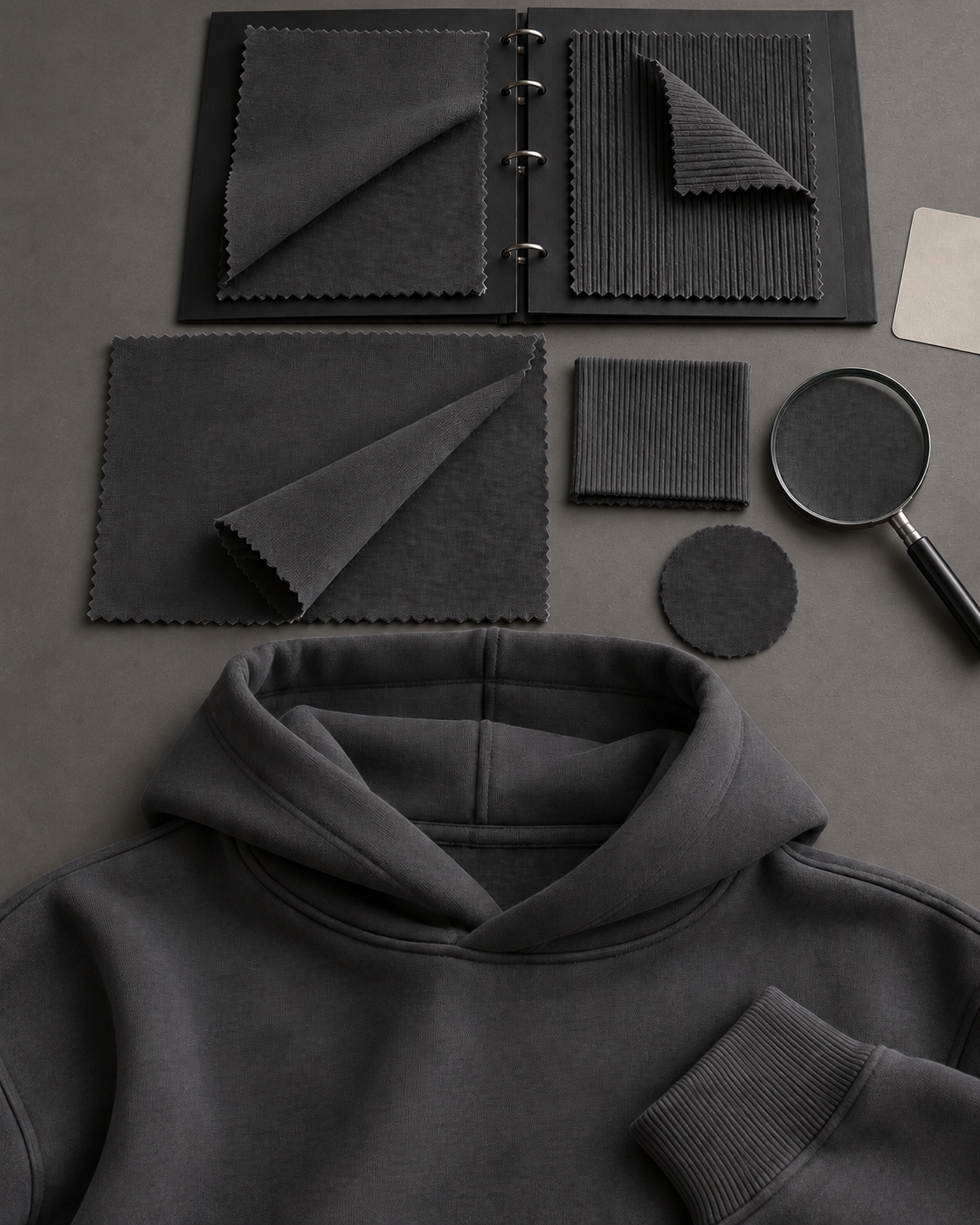 Fabric swatches being reviewed at YECHENG APPAREL
