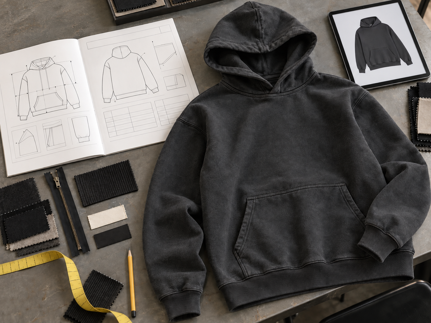 Tech pack and reference garment for custom hoodie development