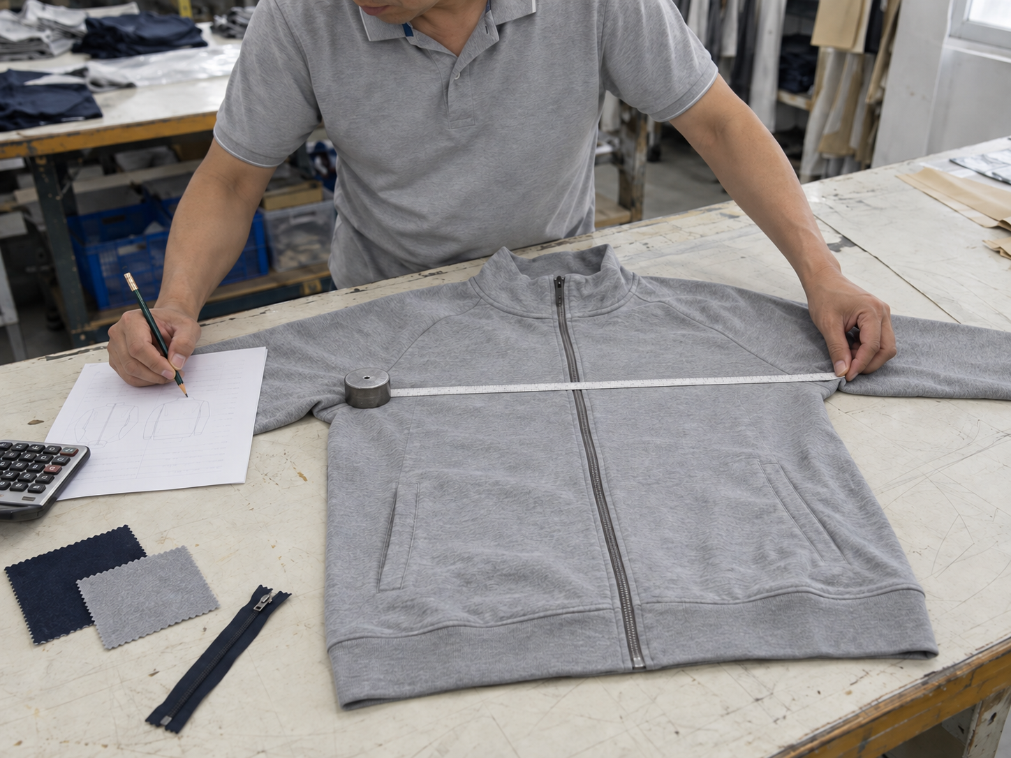 Fashion tech pack with garment flat sketches, measurement charts and print placement annotations