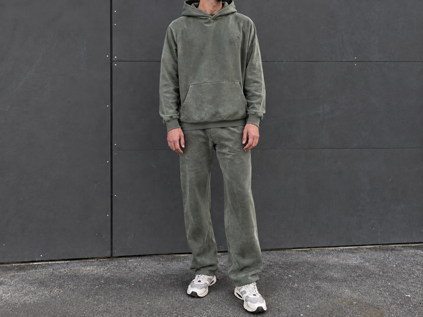 Embroidered acid wash tracksuit set development in progress