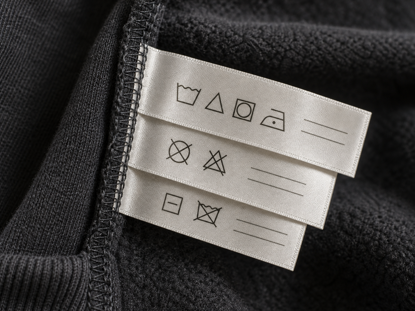Custom wash and care instruction label with compliance symbols