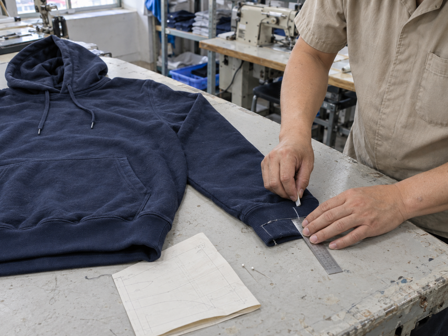 Quality reviewer measuring a custom hoodie sample against the approved tech pack specification