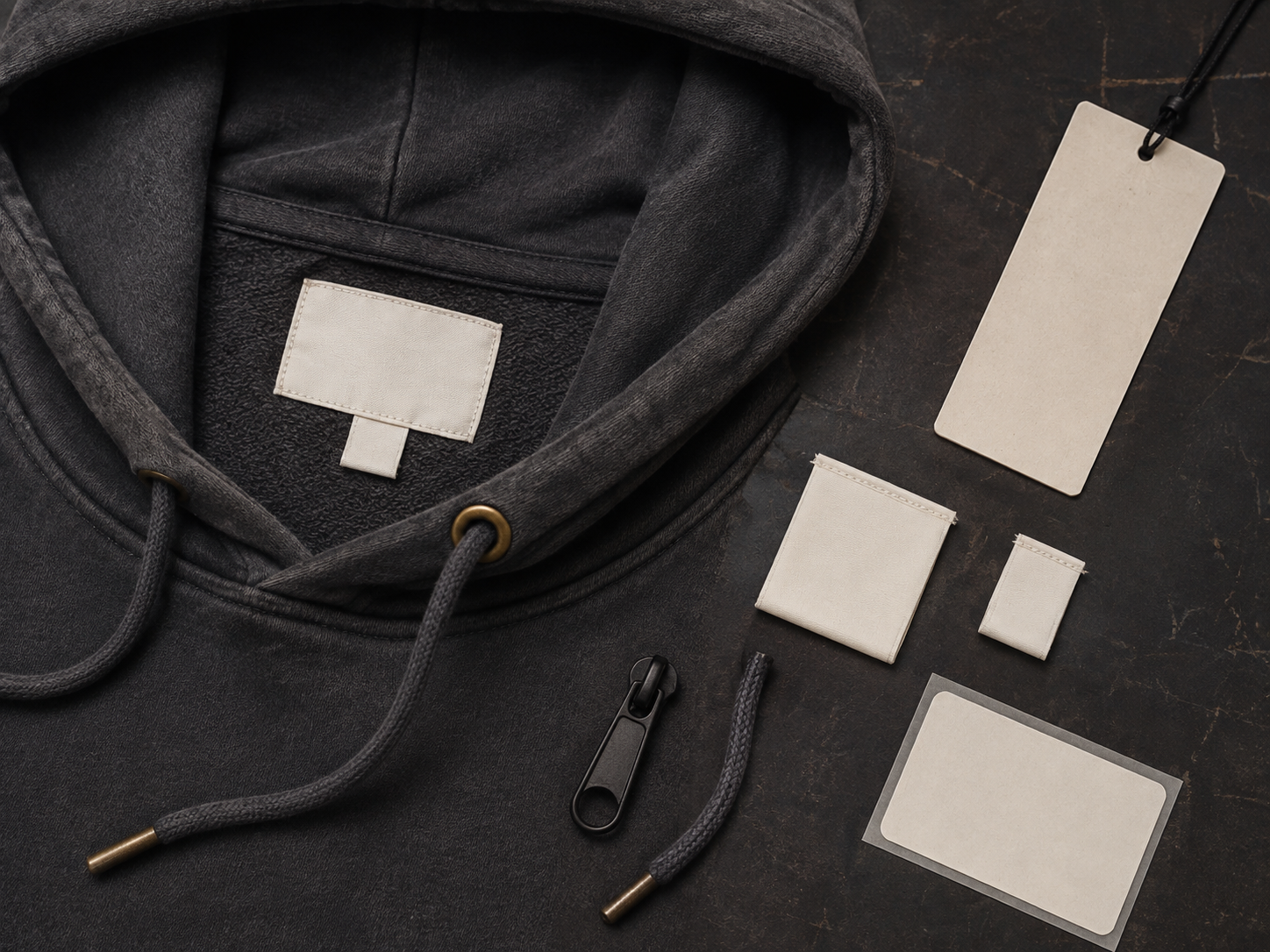 Woven brand label and hang tag samples for private label men's clothing