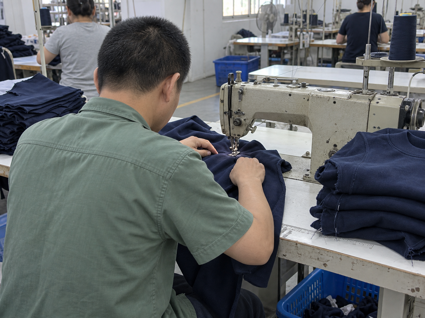 Garment factory floor with workers operating industrial sewing machines on a hoodie production run