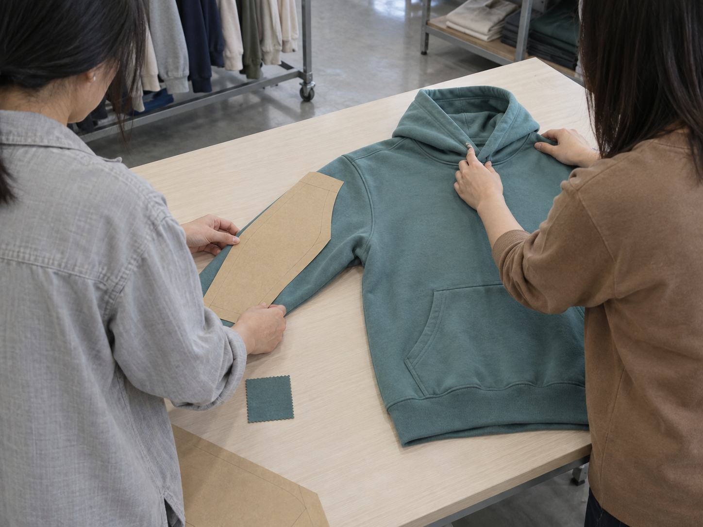 Sample development review -- reviewing garment fit and construction details