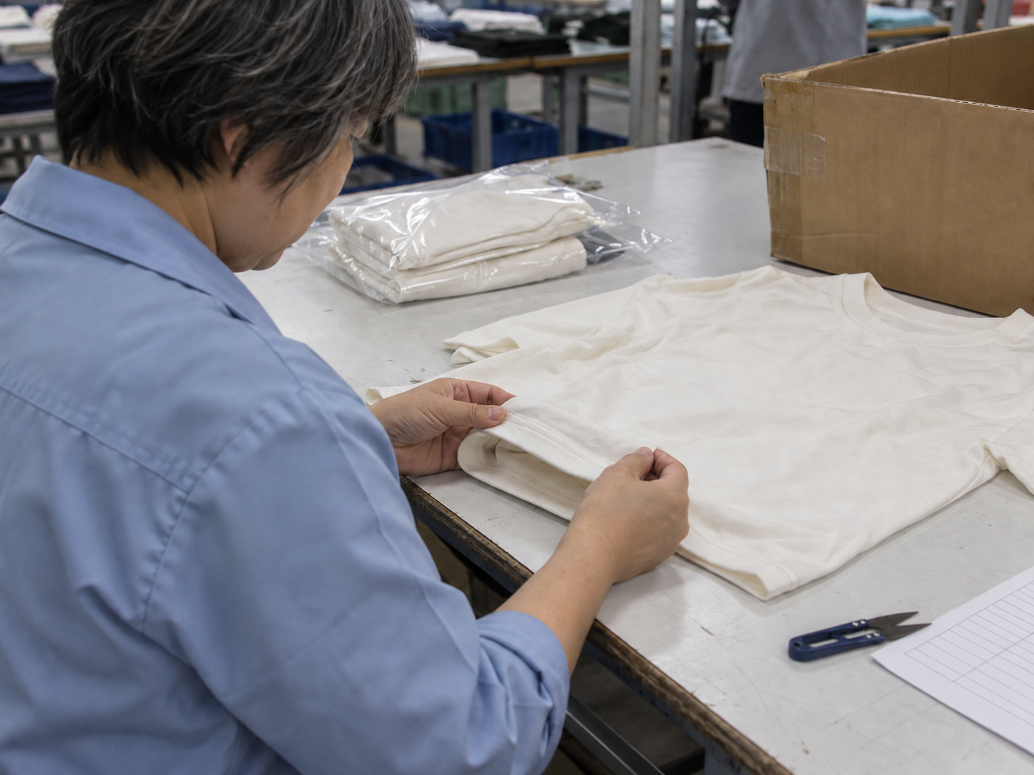 Quality inspector measuring finished garments and reviewing packaging before shipment