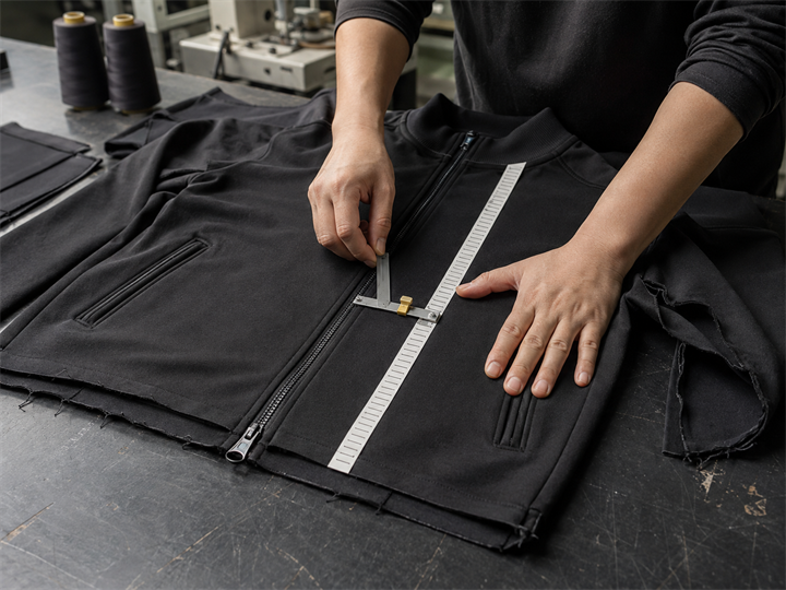 Quality control inspection of finished men's garments at YECHENG APPAREL factory