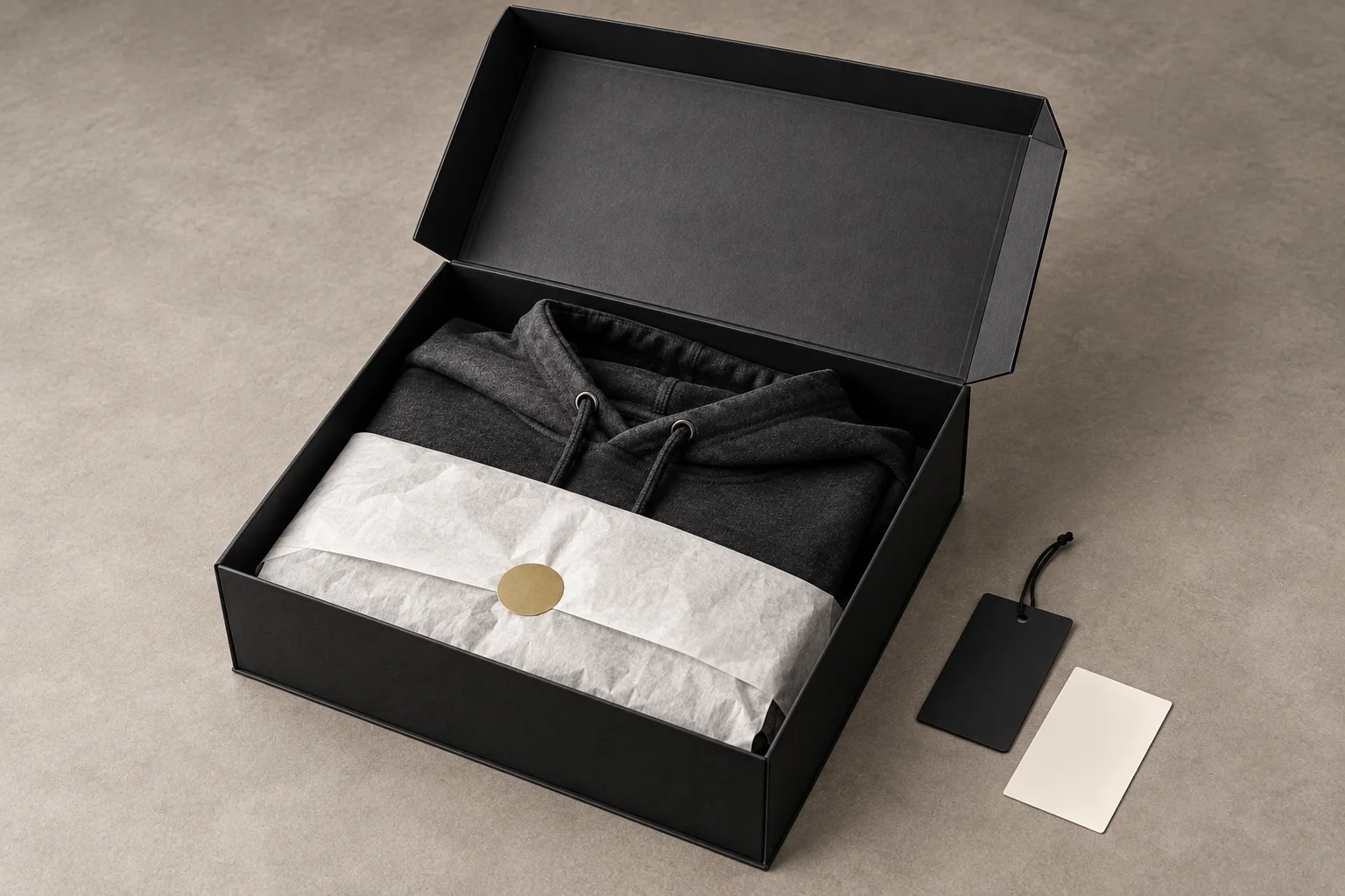 Custom branded gift box for apparel with ribbon and tissue