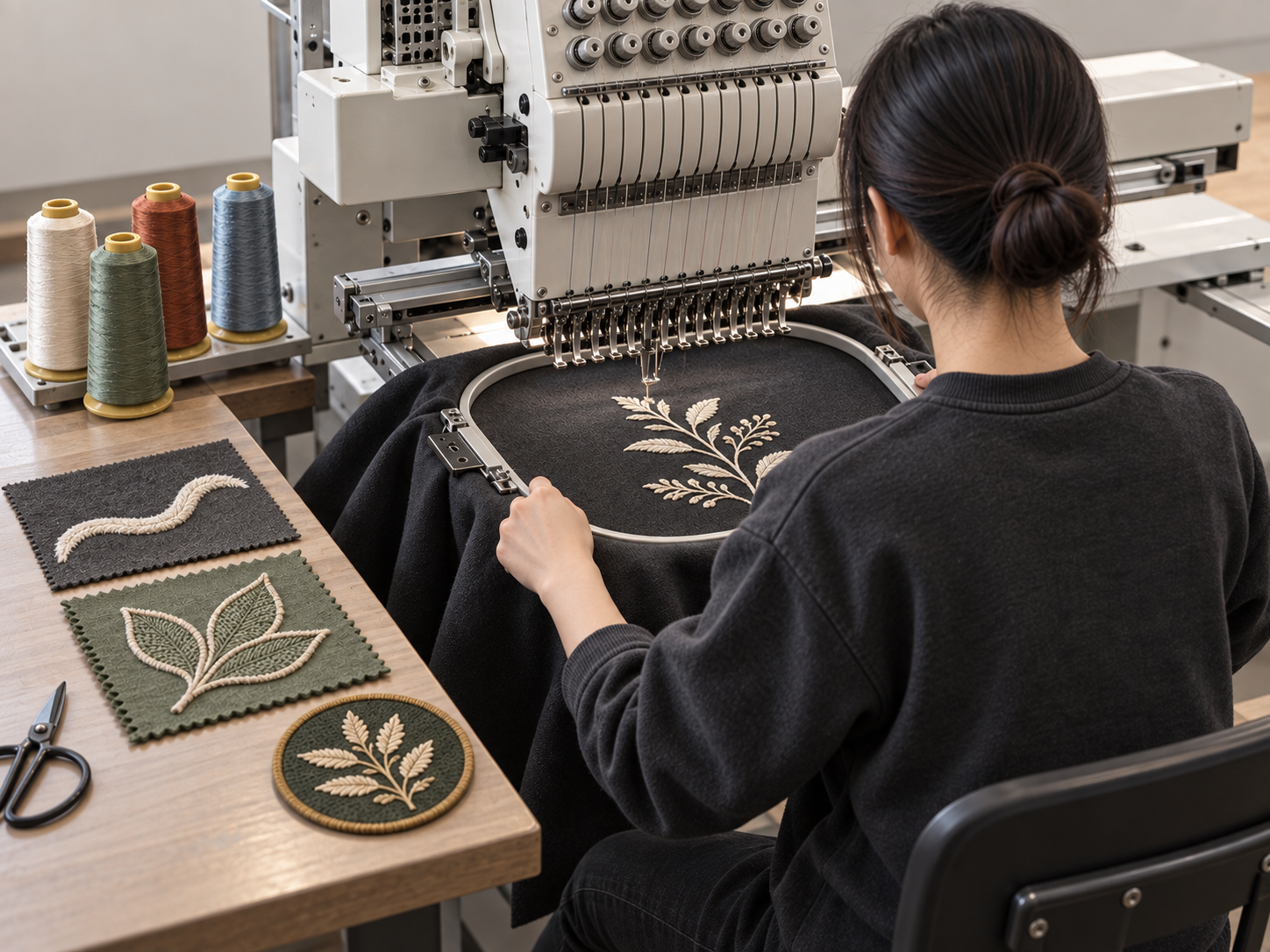 Embroidery machine producing custom logo on hoodie