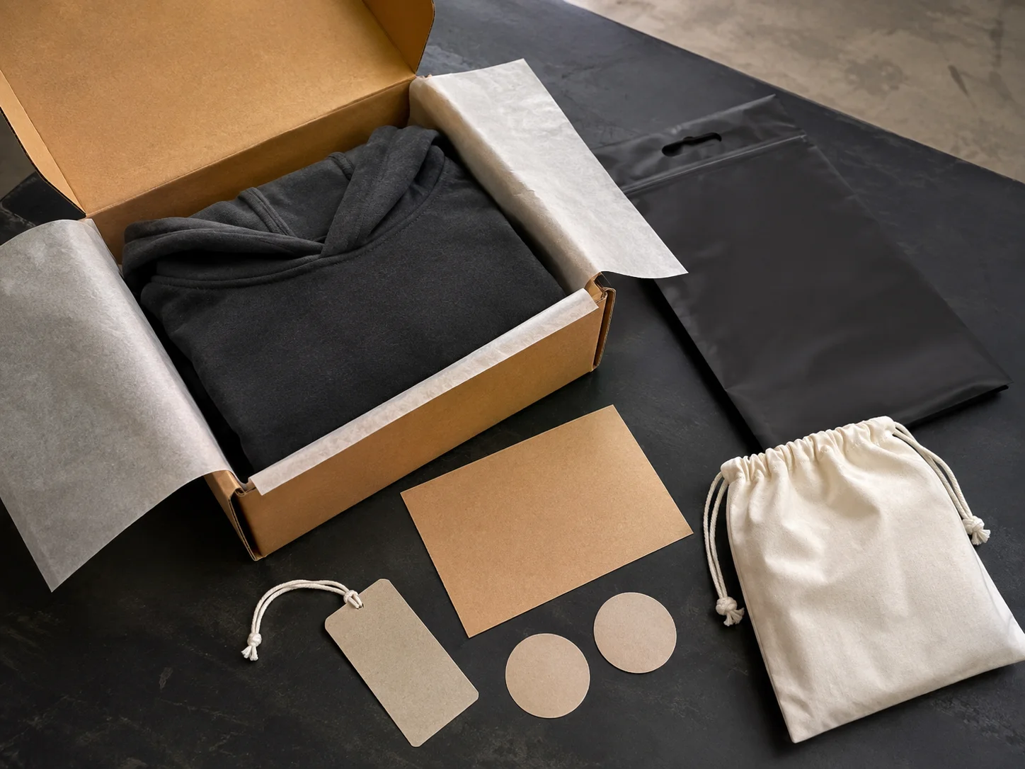 Custom branded packaging for private label men's clothing -- poly bag and carton