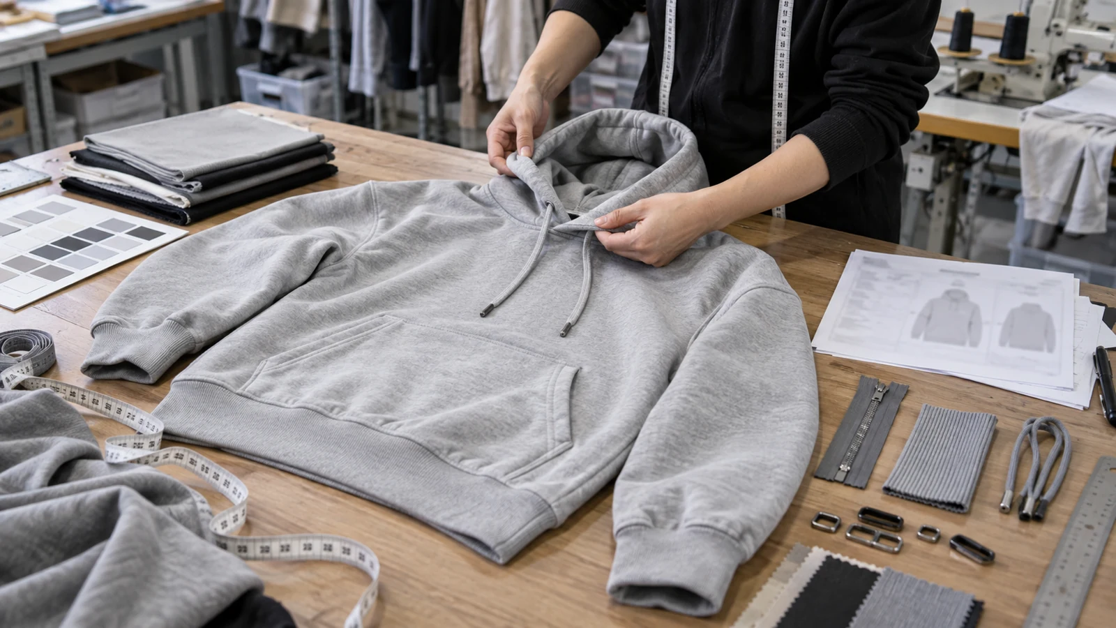 Hoodie Anatomy: 18 Parts That Define Fit, Construction, and Function Custom hoodie sample and construction details reviewed with fabric trims and specifications