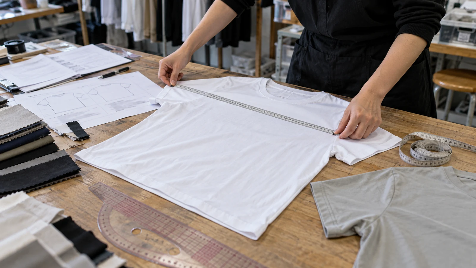 Custom T-shirt size specification and sample measurements reviewed during product development