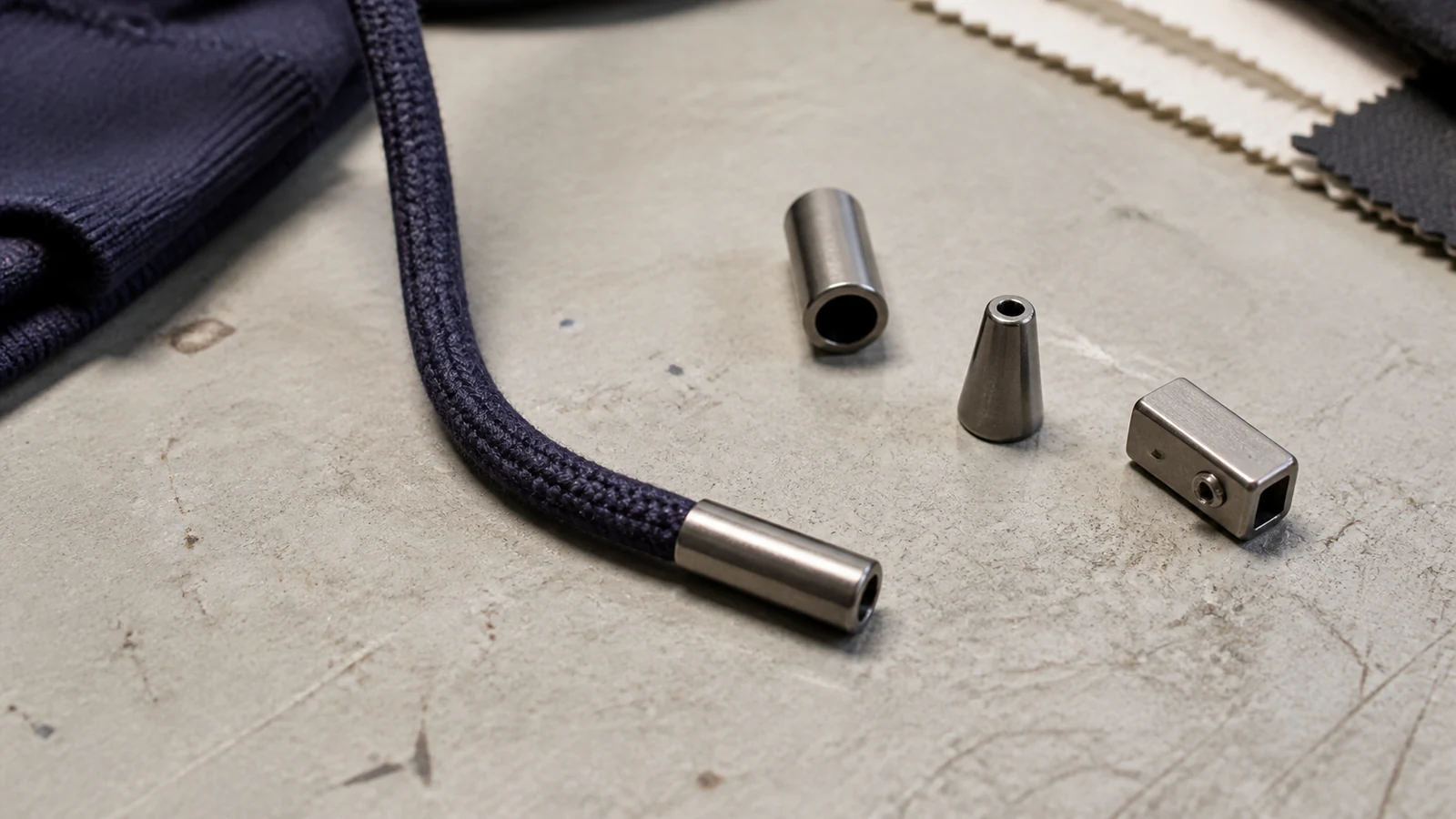 Metal cord end hardware used on a hoodie drawstring