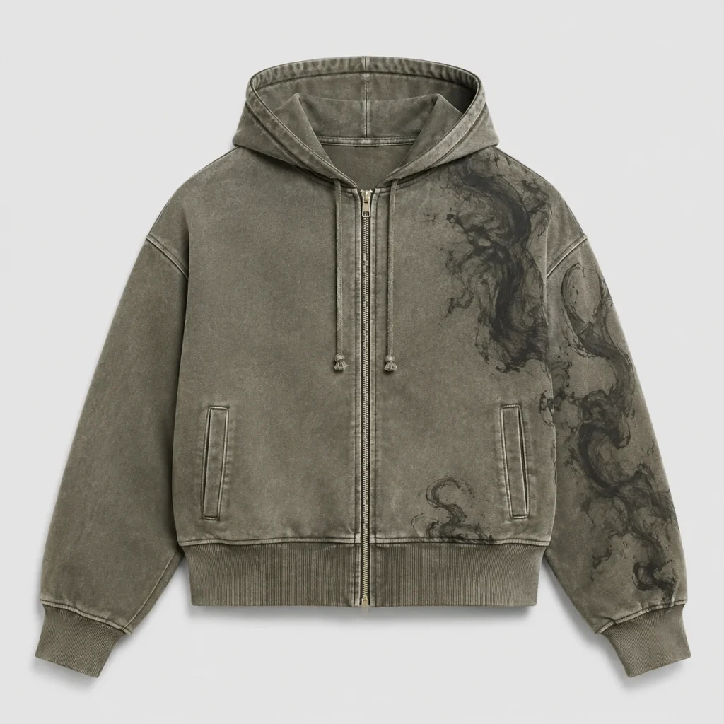 Custom Washed Streetwear Zip Up Graphic Hoodie OEM ODM Supplier