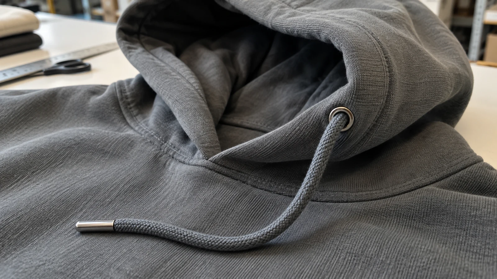 Hoodie Anatomy: 18 Parts That Define Fit, Construction, and Function Hoodie drawcord passing through a metal eyelet with a cord end attached