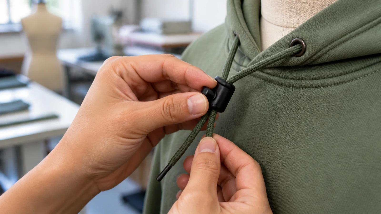 Cord lock fitted on a hoodie drawstring to adjust and hold tension