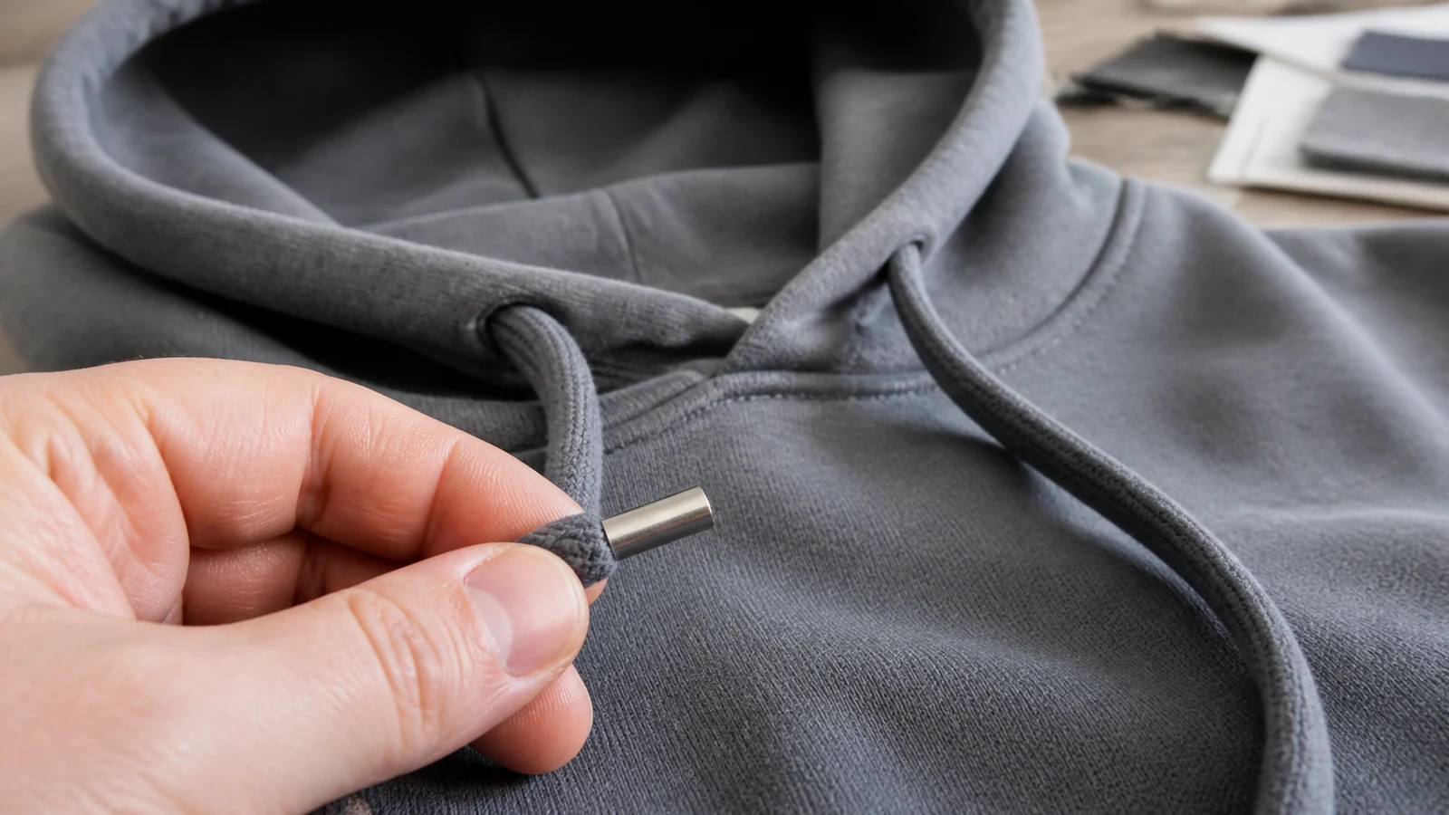 Metal aglet fitted to the end of a hoodie drawstring